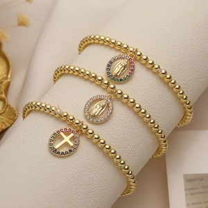 Perlenarmband Aus Vergoldetem Kupfer Mit Religiösem Kreuz Und Maria Anhängern Und Buntem Zirkon Elastischer Schmuck Für Damen