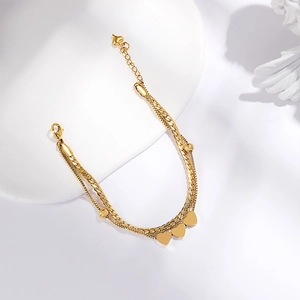 Minimalist double-layered gold heart pendant bracelet with flat snake chain and round beads