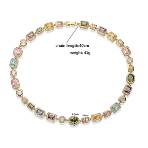 Luxurious gold-plated colorful gemstone necklace with geometric design, length 40cm, weight 41g