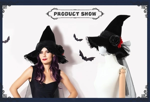 Gothic black velvet witch hat featuring red roses, lace trim and long mesh veil detail