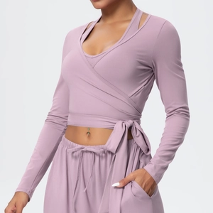 Morandi purple two-piece yoga set with cross-wrap long sleeve top and drawstring joggers