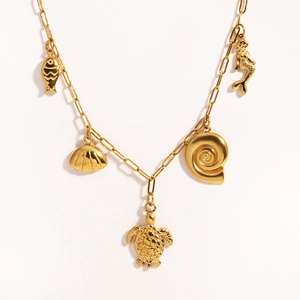 Gold stainless steel paperclip necklace with mermaid, turtle, and shell charms