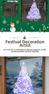 Detail showing glowing purple Christmas tree static stickers with Merry Christmas text