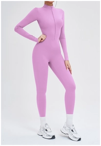 Detail of lavender thermal yoga jumpsuit with high collar and front zipper design