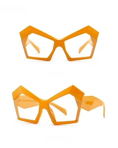 Detailed views showing front and 45-degree angles of stylish orange cat-eye eyewear