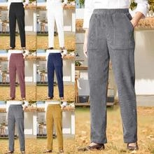 Detail view of corduroy straight-leg pants showing multi-color options and grey fit style