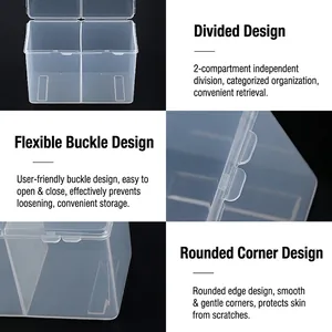 Transparent 2-compartment nail art storage box with snap lid and rounded corners