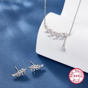 925 Sterling Silver Leaf Necklace Earring Jewelry Elegant Zirconia Waterdrop Pendant Stud Earrings Women Accessory Gift