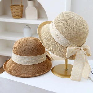 Women Straw Sun Hat Woven Wide Brim Floral Ribbon Bow Elegant Hepburn Style Beach Holiday Breathable UV Protection