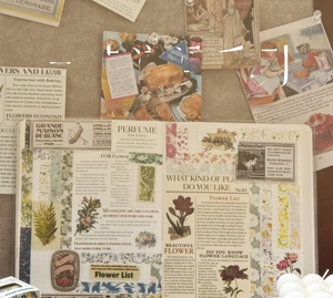 Detail showing vintage spring flower washi tape set and French retro paper ephemera
