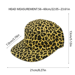 Detailed dimension guide for leopard print camper hat showing height and circumference