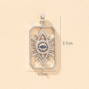 Detailed view of silver evil eye rectangle pendant with zircon stones, size 3.7cm by 1.7cm