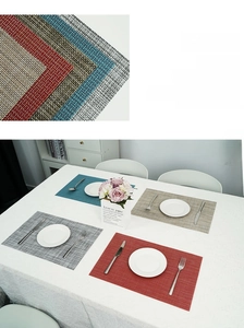 Detail of woven PVC heat-resistant placemats in red blue grey and beige colors