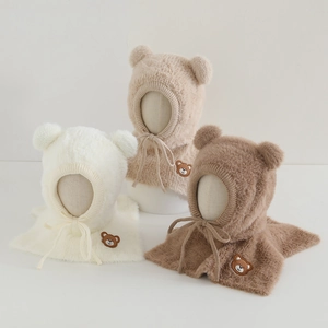 Kids plush bear hooded scarf set in white, beige and brown colors for winter warmth