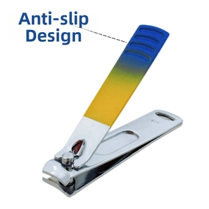 Detail showing anti-slip blue and yellow gradient handle on stainless steel nail clipper
