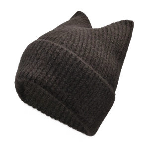 Detailed texture of thick ribbed knit cat ear beanie in dark coffee winter style