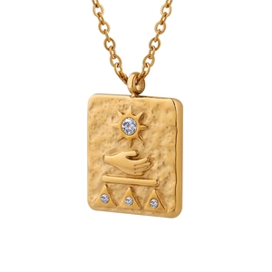 Ancient Egyptian Relief Sun Hand Pendant Necklace Titanium Steel 18K Gold Plated Zircon Square Plate Vintage Jewelry For Women