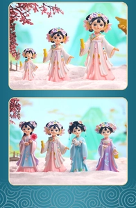 Detail view of Chibi style ancient Chinese figurines in Hanfu outfits for home decor