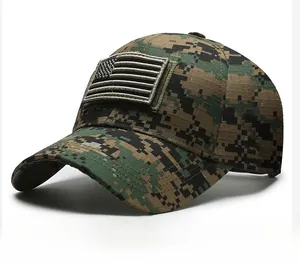 Side view of tactical baseball cap with digital jungle camouflage and American flag patch