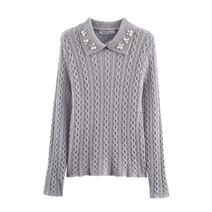 Suéter De Punto Trenzado Para Mujer Perla Artificial Rhinestone Cuello Polo Acrílico Poliéster Manga Larga Elegante