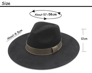 Size chart showing dimensions for a brown wide brim felt jazz fedora hat with 9.5cm brim