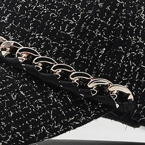 Women's black tweed baseball cap with shiny metallic threads and golden chain detail
