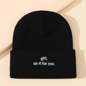 Classic black knitted beanie with white embroidery slogan girl do it for you