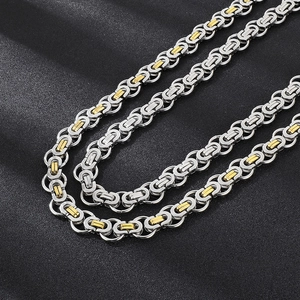 Polished two-tone gold and silver stainless steel Byzantine chain necklace for men
