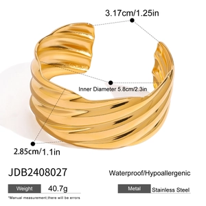 18k gold plated stainless steel chunky wave cuff bracelet with detailed size measurements