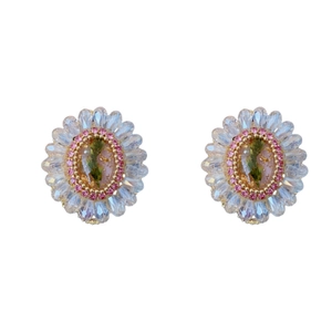 Silver needle crystal flower earrings with pink and white petals on white background