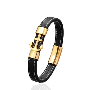 Vintage stainless steel anchor bracelet with black leather strap and gold magnetic clasp