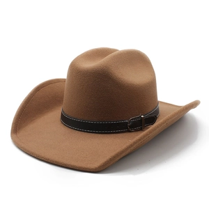 Classic brown western cowboy hat with wide brim and decorative black leather belt strap