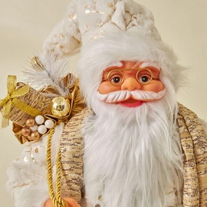 Goldener Weihnachtsmann mit weißem Plüschmantel und festlichem Geschenksack Deko