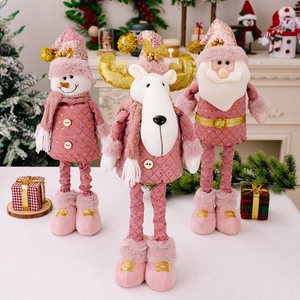Pink sequin Christmas doll set featuring Santa, Snowman and Elk with telescopic legs
