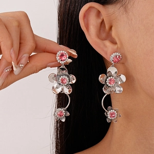 Flower Tassel Dangle Earrings For Women With Zircon Copper Metal And Silver Earring Post High-End Western Style