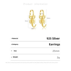 Detailed technical diagram of 925 sterling silver scorpion earrings with gold plating