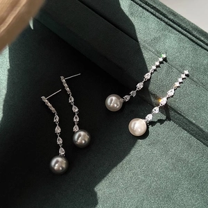 Classic vintage drop earrings with white and grey pearls and sparkling cubic zirconia stones