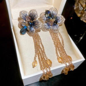 Vintage floral embroidery earrings with glass tassels and crystal beads in a gift box