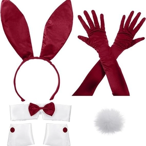 Detail of burgundy satin rabbit cosplay set with long gloves, headband and fluffy tail