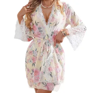 Floral print mesh nightgown with lace trim and waist tie for a soft feminine look