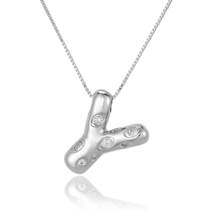Detail of silver letter Y pendant necklace with micro-paved cubic zirconia stones