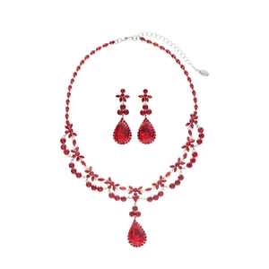 French vintage red zircon flower teardrop necklace and earrings jewelry set for women