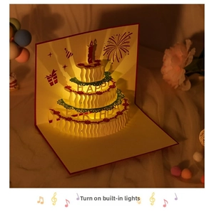 Detailed 3D pop-up birthday card with LED warm lights and Happy Birthday carving