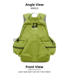 Detailed front view of bright green nylon backpack featuring V-shaped zipper pocket