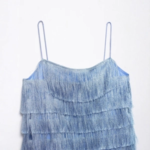 Light blue tiered tassel mini dress with adjustable straps for summer vacation style
