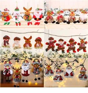 Close-up of Christmas fabric plush ornaments including Santa, reindeer, and snowman dolls