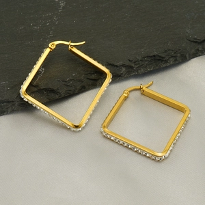 Chic gold-plated stainless steel square hoop earrings with sparkling rhinestones for women