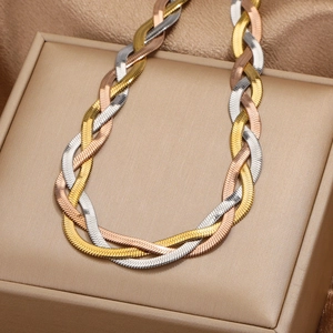 Three-tone woven flat herringbone snake chain necklace in gold silver and rose gold