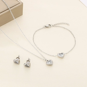 Parure de bijoux cœur en acier inoxydable argenté avec cristal collier et bracelet