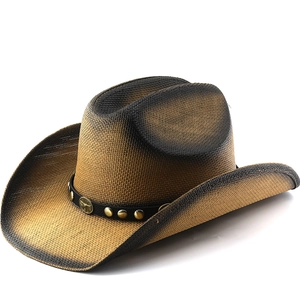 Western Cowboyhut Papierstroh Ombre Farbverlauf Breite Krempe Sonnenschutz Strand Reise Retro Stierkopf Dekor Damen Herren